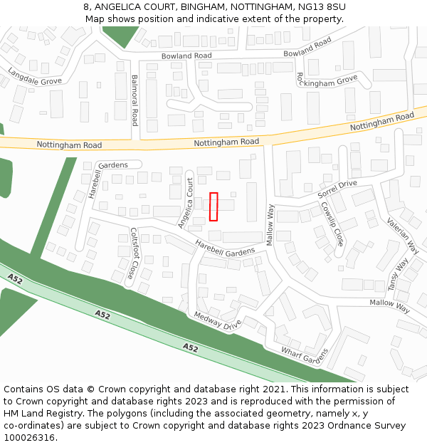 8, ANGELICA COURT, BINGHAM, NOTTINGHAM, NG13 8SU: Location map and indicative extent of plot