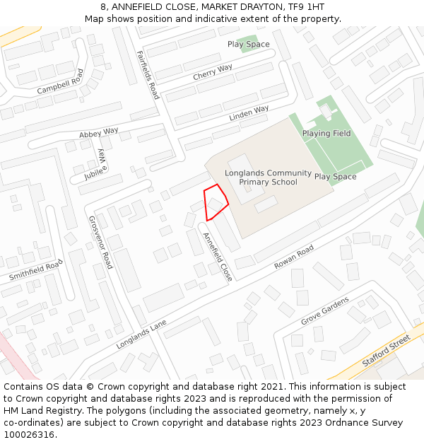 8, ANNEFIELD CLOSE, MARKET DRAYTON, TF9 1HT: Location map and indicative extent of plot