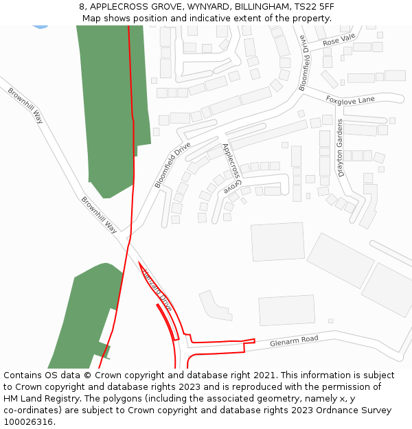 8, APPLECROSS GROVE, WYNYARD, BILLINGHAM, TS22 5FF: Location map and indicative extent of plot