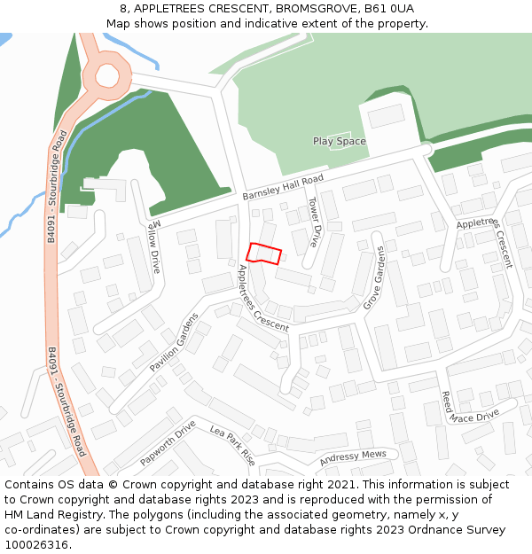 8, APPLETREES CRESCENT, BROMSGROVE, B61 0UA: Location map and indicative extent of plot