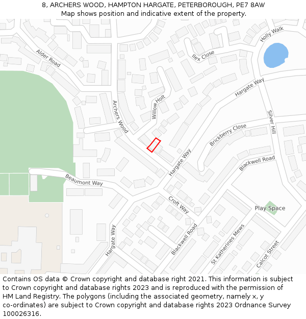 8, ARCHERS WOOD, HAMPTON HARGATE, PETERBOROUGH, PE7 8AW: Location map and indicative extent of plot