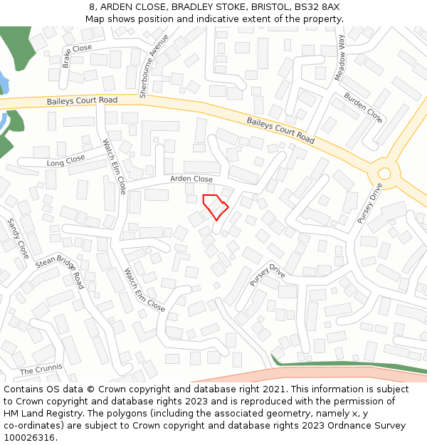 8, ARDEN CLOSE, BRADLEY STOKE, BRISTOL, BS32 8AX: Location map and indicative extent of plot