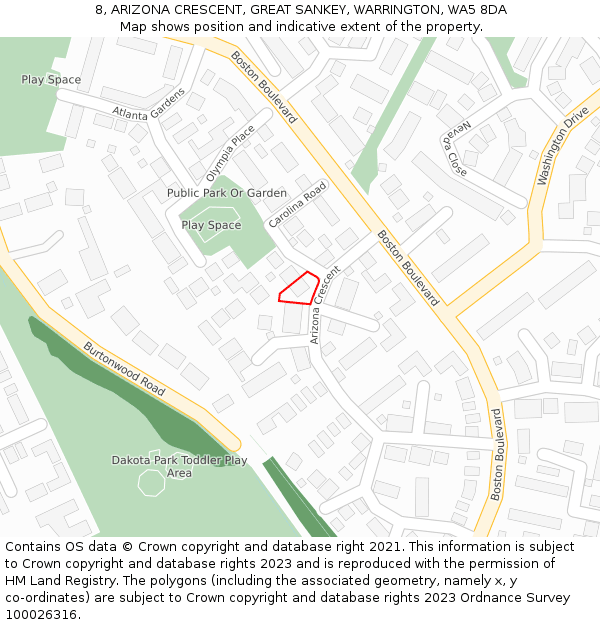8, ARIZONA CRESCENT, GREAT SANKEY, WARRINGTON, WA5 8DA: Location map and indicative extent of plot
