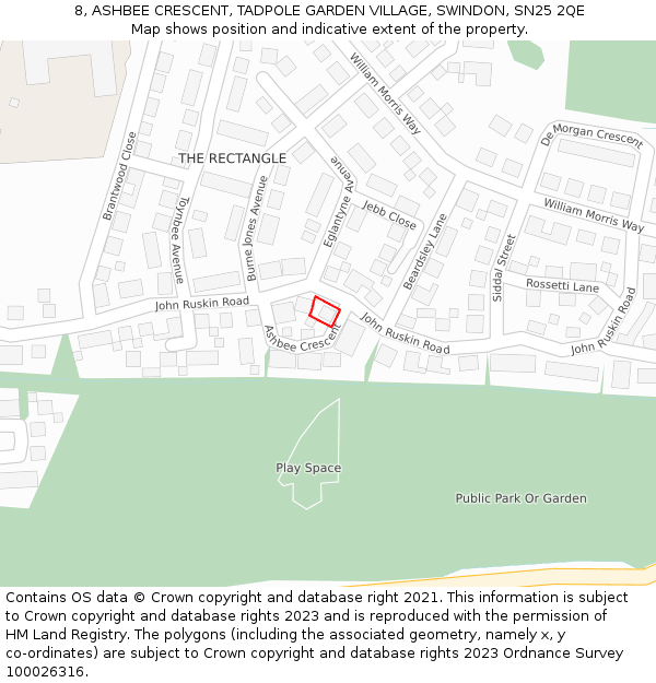 8, ASHBEE CRESCENT, TADPOLE GARDEN VILLAGE, SWINDON, SN25 2QE: Location map and indicative extent of plot