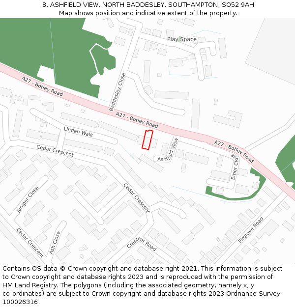 8, ASHFIELD VIEW, NORTH BADDESLEY, SOUTHAMPTON, SO52 9AH: Location map and indicative extent of plot