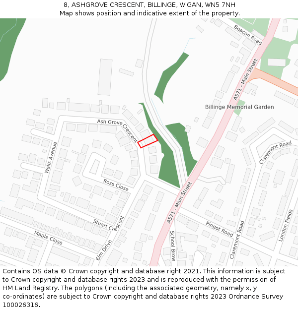 8, ASHGROVE CRESCENT, BILLINGE, WIGAN, WN5 7NH: Location map and indicative extent of plot