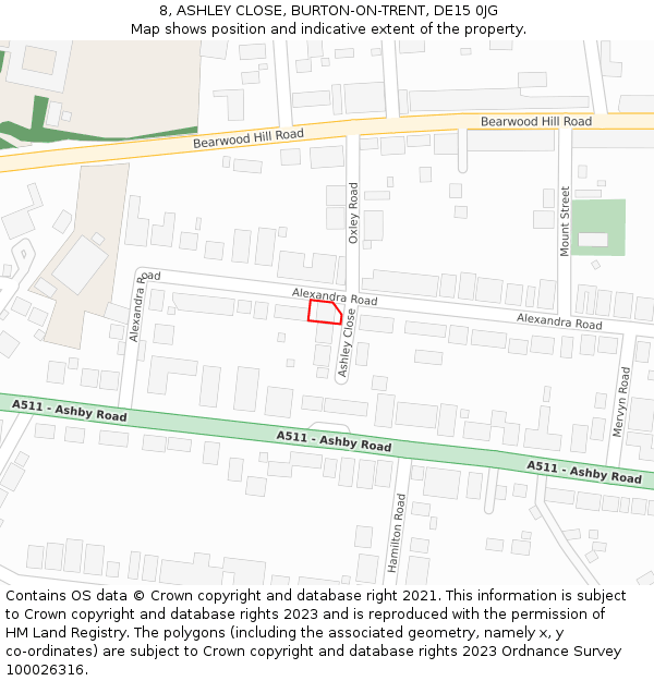 8, ASHLEY CLOSE, BURTON-ON-TRENT, DE15 0JG: Location map and indicative extent of plot