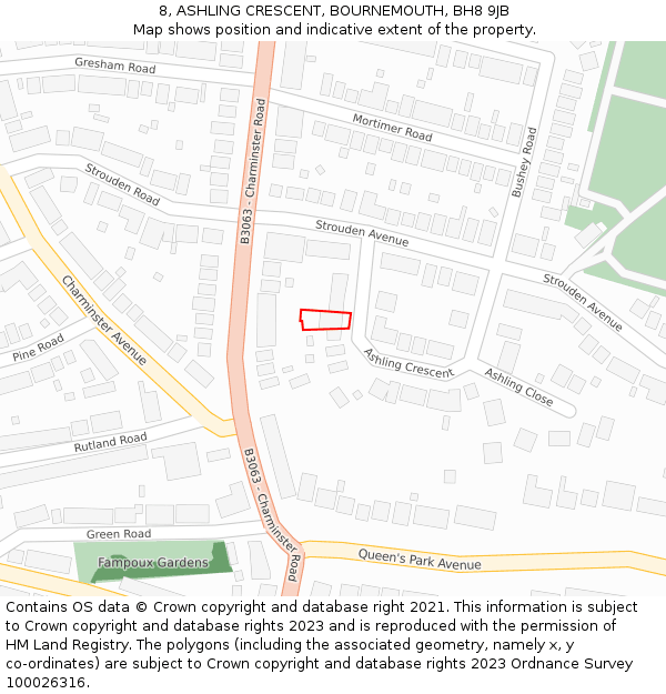 8, ASHLING CRESCENT, BOURNEMOUTH, BH8 9JB: Location map and indicative extent of plot