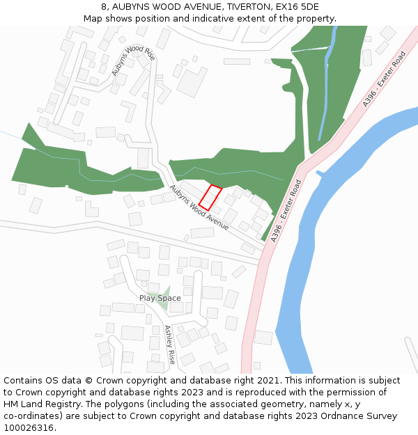 8, AUBYNS WOOD AVENUE, TIVERTON, EX16 5DE: Location map and indicative extent of plot