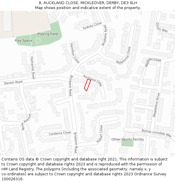 8, AUCKLAND CLOSE, MICKLEOVER, DERBY, DE3 9LH: Location map and indicative extent of plot