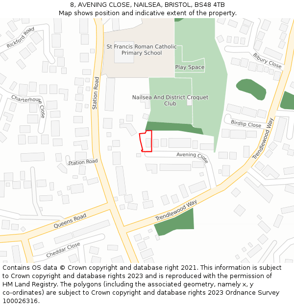 8, AVENING CLOSE, NAILSEA, BRISTOL, BS48 4TB: Location map and indicative extent of plot