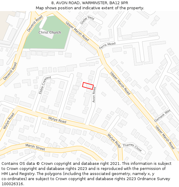 8, AVON ROAD, WARMINSTER, BA12 9PR: Location map and indicative extent of plot