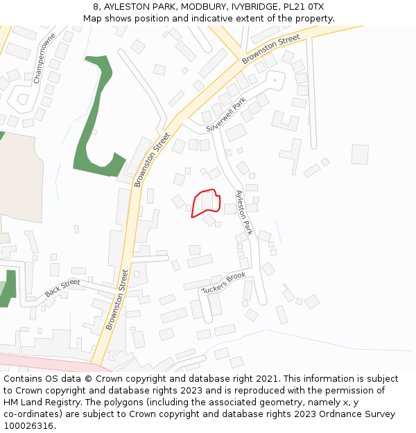 8, AYLESTON PARK, MODBURY, IVYBRIDGE, PL21 0TX: Location map and indicative extent of plot