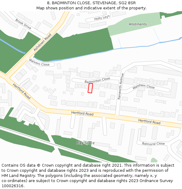 8, BADMINTON CLOSE, STEVENAGE, SG2 8SR: Location map and indicative extent of plot