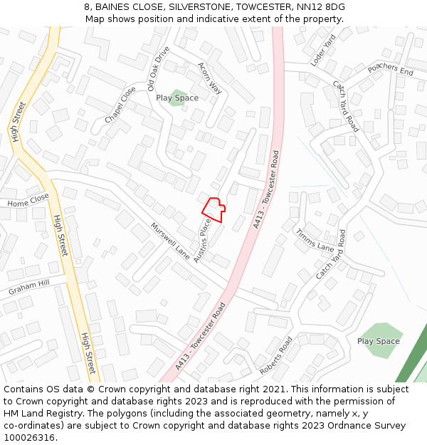 8, BAINES CLOSE, SILVERSTONE, TOWCESTER, NN12 8DG: Location map and indicative extent of plot