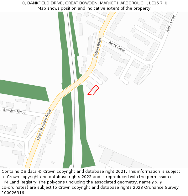 8, BANKFIELD DRIVE, GREAT BOWDEN, MARKET HARBOROUGH, LE16 7HJ: Location map and indicative extent of plot