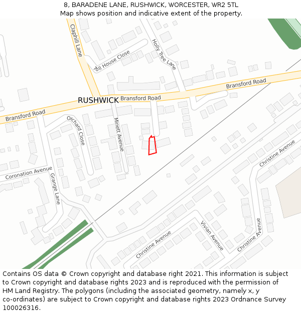 8, BARADENE LANE, RUSHWICK, WORCESTER, WR2 5TL: Location map and indicative extent of plot