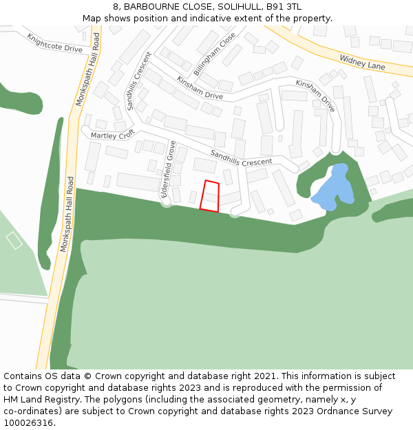 8, BARBOURNE CLOSE, SOLIHULL, B91 3TL: Location map and indicative extent of plot