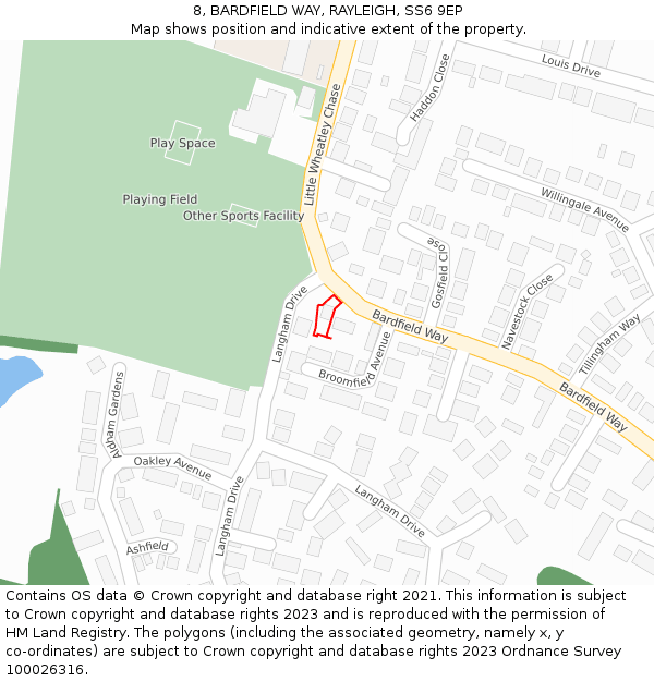 8, BARDFIELD WAY, RAYLEIGH, SS6 9EP: Location map and indicative extent of plot