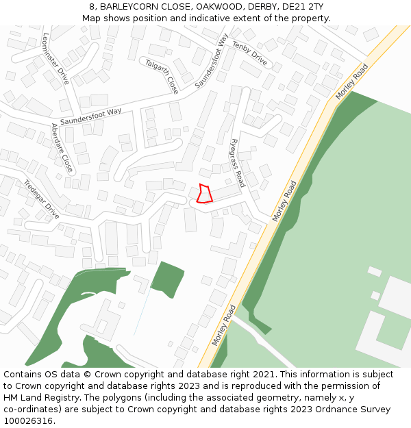 8, BARLEYCORN CLOSE, OAKWOOD, DERBY, DE21 2TY: Location map and indicative extent of plot