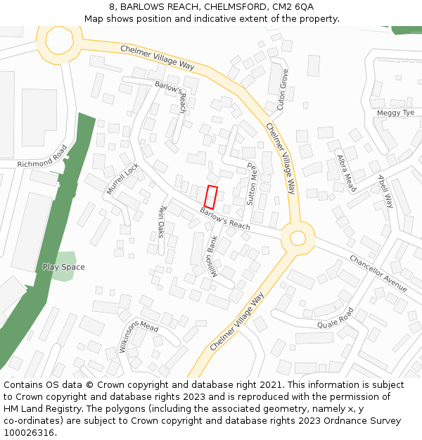 8, BARLOWS REACH, CHELMSFORD, CM2 6QA: Location map and indicative extent of plot