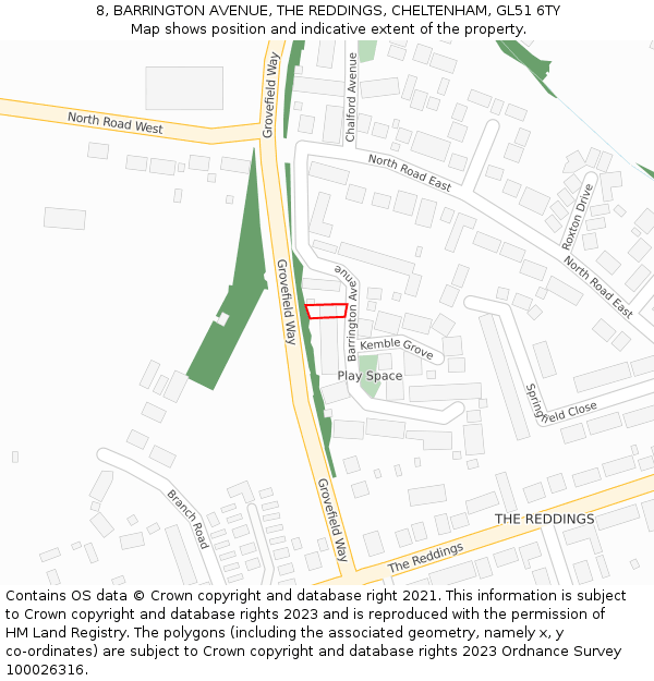 8, BARRINGTON AVENUE, THE REDDINGS, CHELTENHAM, GL51 6TY: Location map and indicative extent of plot
