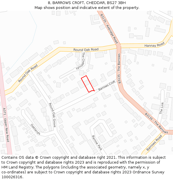 8, BARROWS CROFT, CHEDDAR, BS27 3BH: Location map and indicative extent of plot