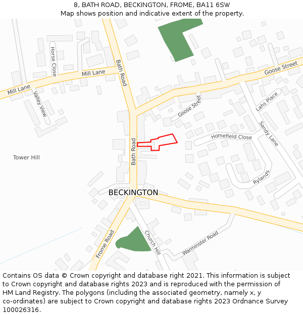 8, BATH ROAD, BECKINGTON, FROME, BA11 6SW: Location map and indicative extent of plot