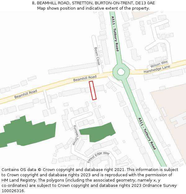 8, BEAMHILL ROAD, STRETTON, BURTON-ON-TRENT, DE13 0AE: Location map and indicative extent of plot