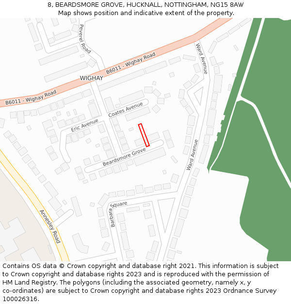 8, BEARDSMORE GROVE, HUCKNALL, NOTTINGHAM, NG15 8AW: Location map and indicative extent of plot