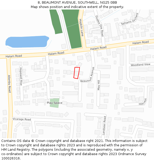 8, BEAUMONT AVENUE, SOUTHWELL, NG25 0BB: Location map and indicative extent of plot