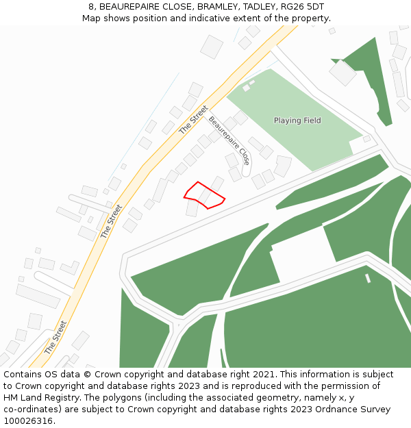 8, BEAUREPAIRE CLOSE, BRAMLEY, TADLEY, RG26 5DT: Location map and indicative extent of plot