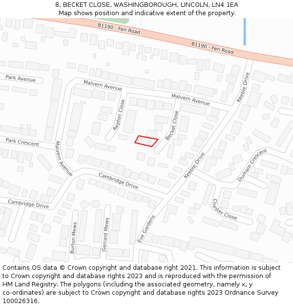8, BECKET CLOSE, WASHINGBOROUGH, LINCOLN, LN4 1EA: Location map and indicative extent of plot