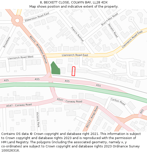 8, BECKETT CLOSE, COLWYN BAY, LL28 4DX: Location map and indicative extent of plot