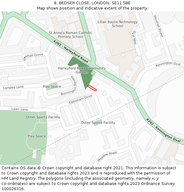 8, BEDSER CLOSE, LONDON, SE11 5BE: Location map and indicative extent of plot