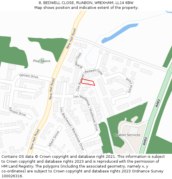 8, BEDWELL CLOSE, RUABON, WREXHAM, LL14 6BW: Location map and indicative extent of plot