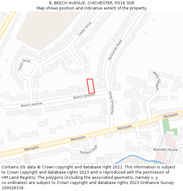 8, BEECH AVENUE, CHICHESTER, PO19 3DR: Location map and indicative extent of plot