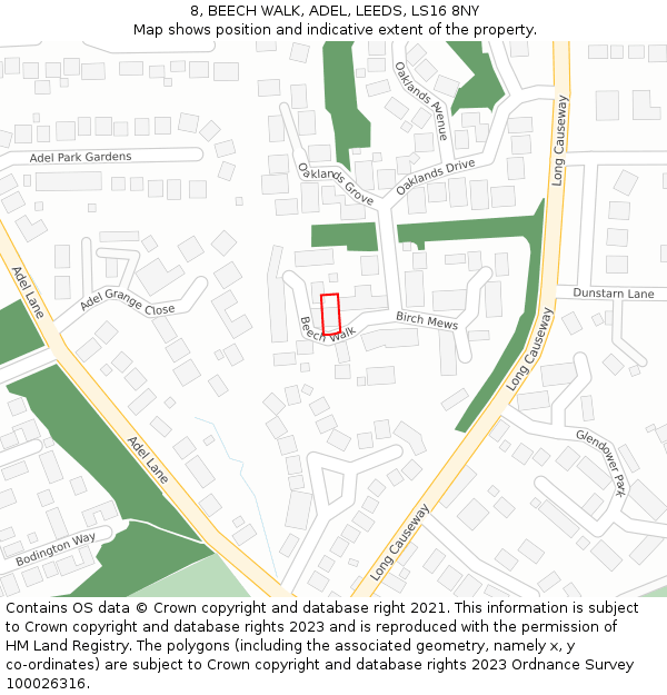 8, BEECH WALK, ADEL, LEEDS, LS16 8NY: Location map and indicative extent of plot