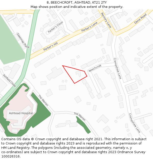 8, BEECHCROFT, ASHTEAD, KT21 2TY: Location map and indicative extent of plot