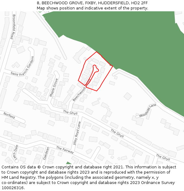 8, BEECHWOOD GROVE, FIXBY, HUDDERSFIELD, HD2 2FF: Location map and indicative extent of plot