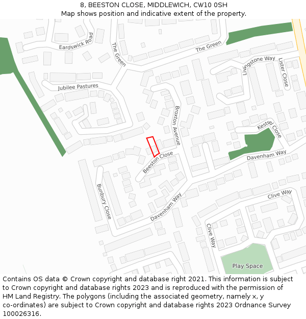 8, BEESTON CLOSE, MIDDLEWICH, CW10 0SH: Location map and indicative extent of plot