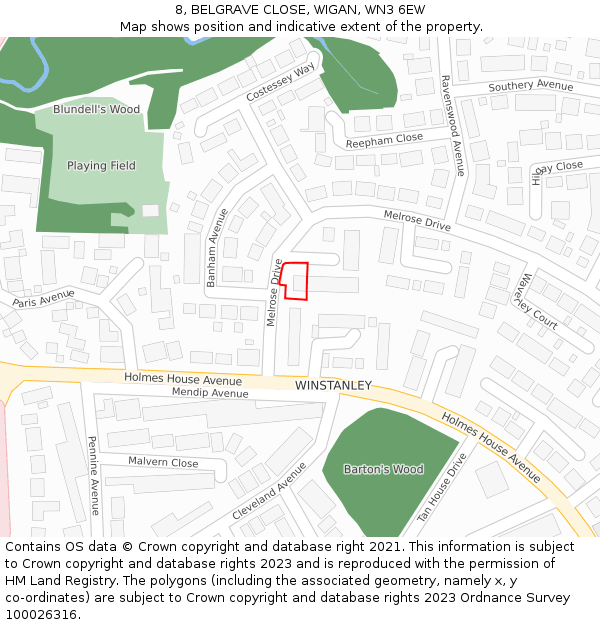 8, BELGRAVE CLOSE, WIGAN, WN3 6EW: Location map and indicative extent of plot