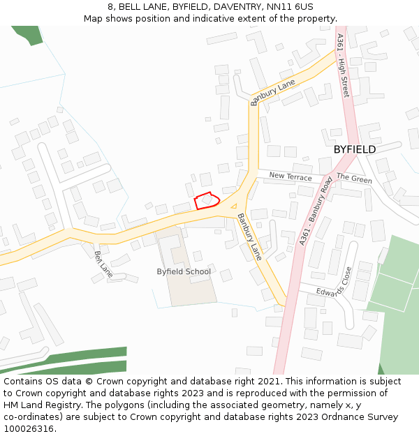 8, BELL LANE, BYFIELD, DAVENTRY, NN11 6US: Location map and indicative extent of plot
