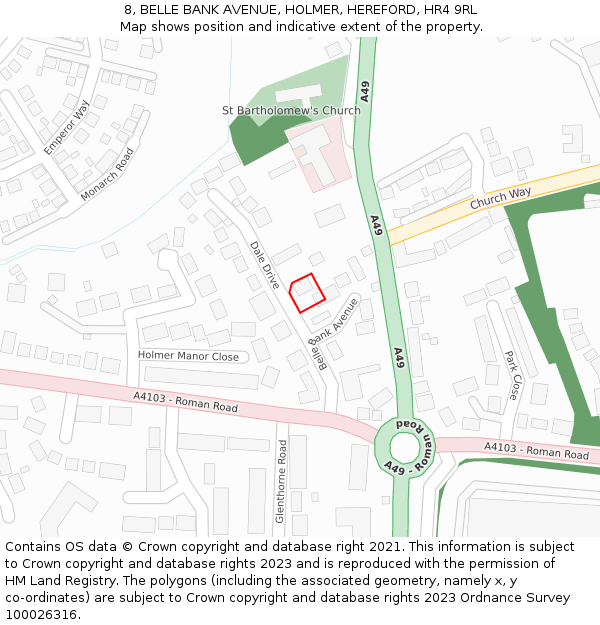 8, BELLE BANK AVENUE, HOLMER, HEREFORD, HR4 9RL: Location map and indicative extent of plot