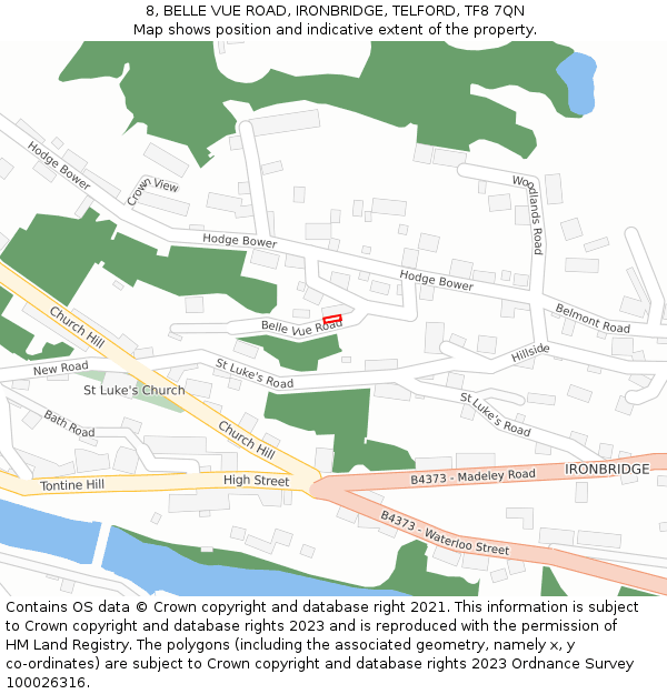 8, BELLE VUE ROAD, IRONBRIDGE, TELFORD, TF8 7QN: Location map and indicative extent of plot