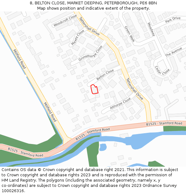 8, BELTON CLOSE, MARKET DEEPING, PETERBOROUGH, PE6 8BN: Location map and indicative extent of plot