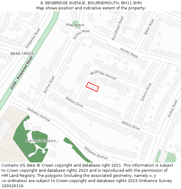 8, BENBRIDGE AVENUE, BOURNEMOUTH, BH11 9HN: Location map and indicative extent of plot