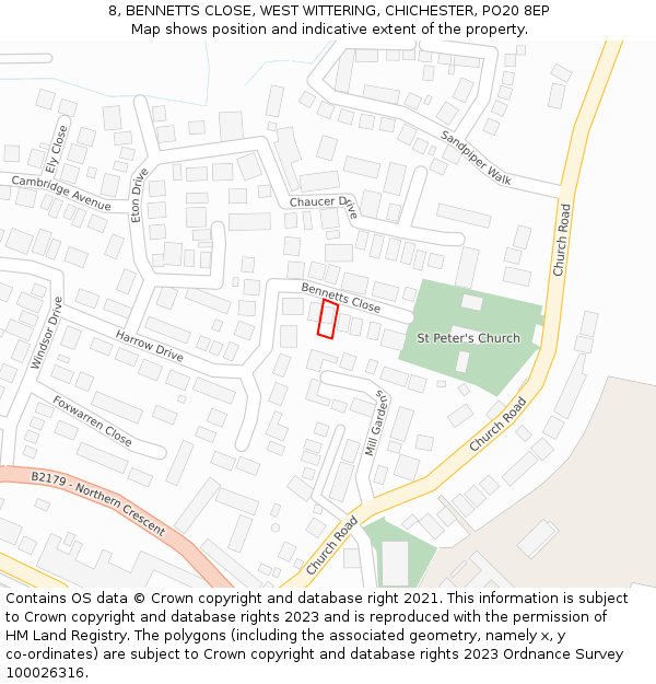 8, BENNETTS CLOSE, WEST WITTERING, CHICHESTER, PO20 8EP: Location map and indicative extent of plot