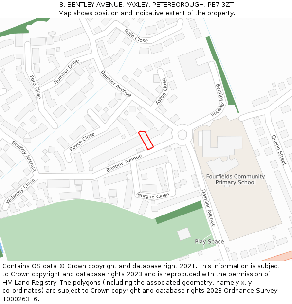 8, BENTLEY AVENUE, YAXLEY, PETERBOROUGH, PE7 3ZT: Location map and indicative extent of plot