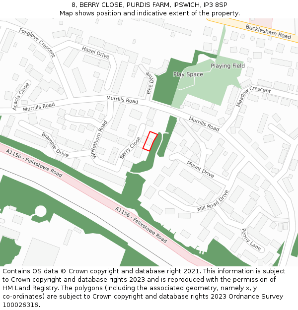 8, BERRY CLOSE, PURDIS FARM, IPSWICH, IP3 8SP: Location map and indicative extent of plot